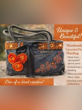 Handmade Upcycled Denim Handbag Beaded Trim Orange Floral One of a Kind Purse